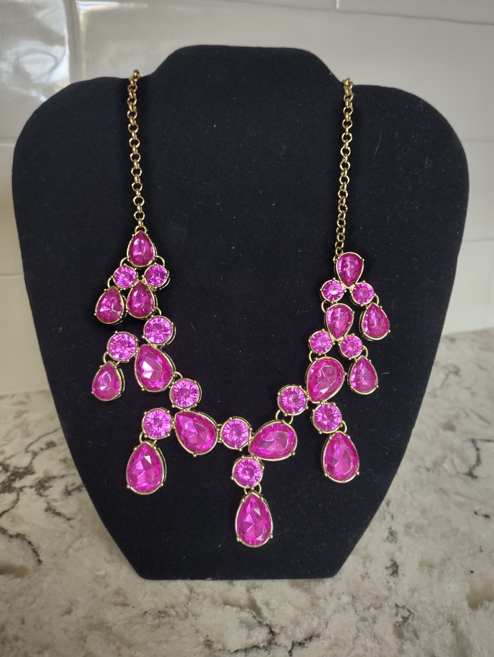 Vibrant Fuchsia Pink & Gold Statement Necklace | Teardrop Gemstone Cluster |